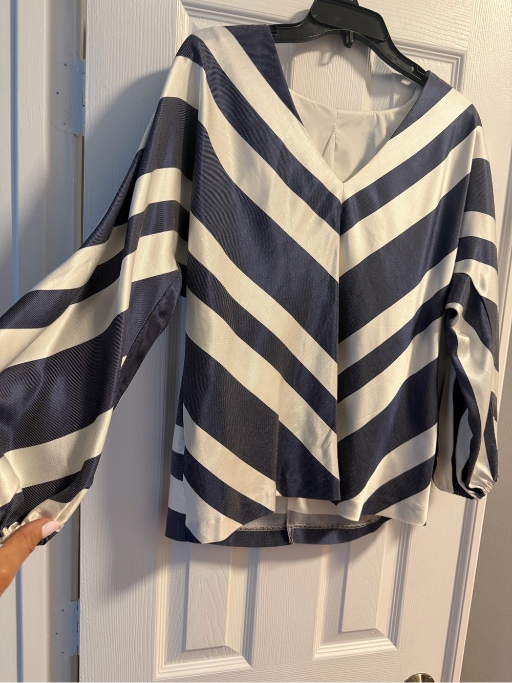Trina Turk Striped V-Neck Navy and White Women's Blouse in size medium